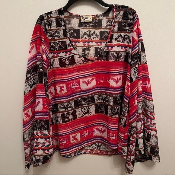 Show Me Your MuMu Tops - Show Me Your Mumu Boho Tribal Print Relaxed Sheer Tunic Top Bell Sleeves Size S